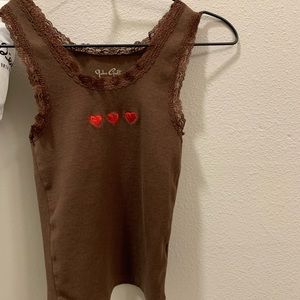 John Galt Brown Tank Top with Heart Embroidery